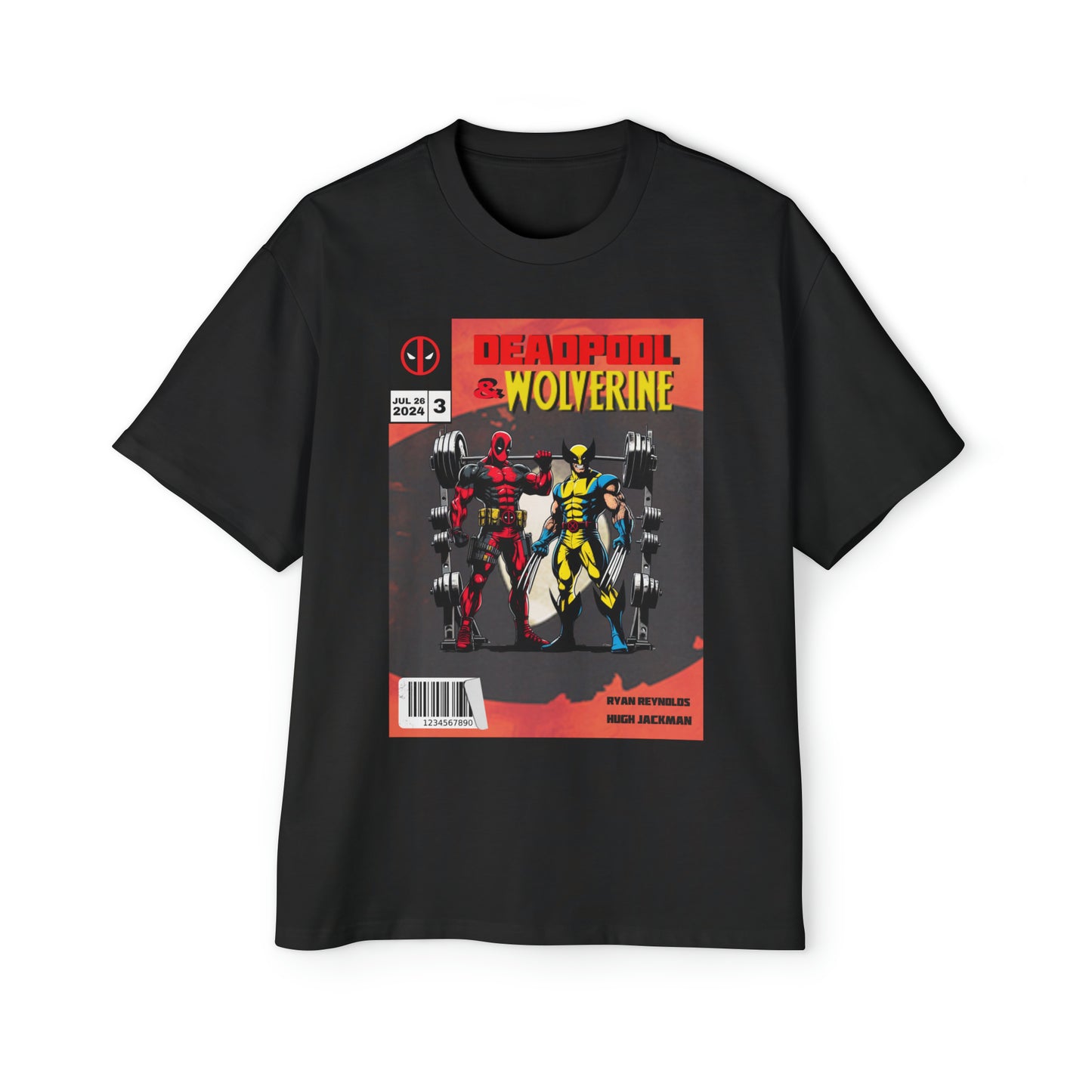 Deadpool and Wolverine weightlifting comic style T-shirt