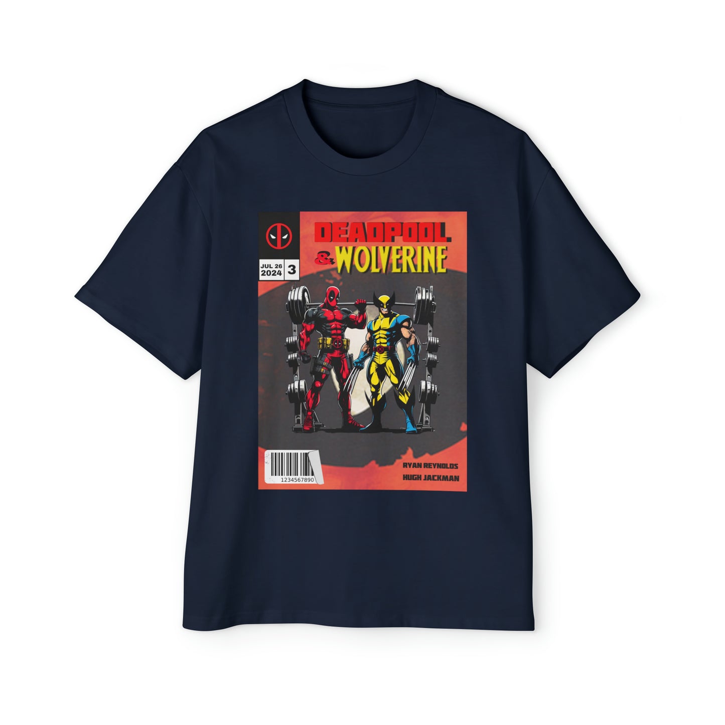 Deadpool and Wolverine weightlifting comic style T-shirt