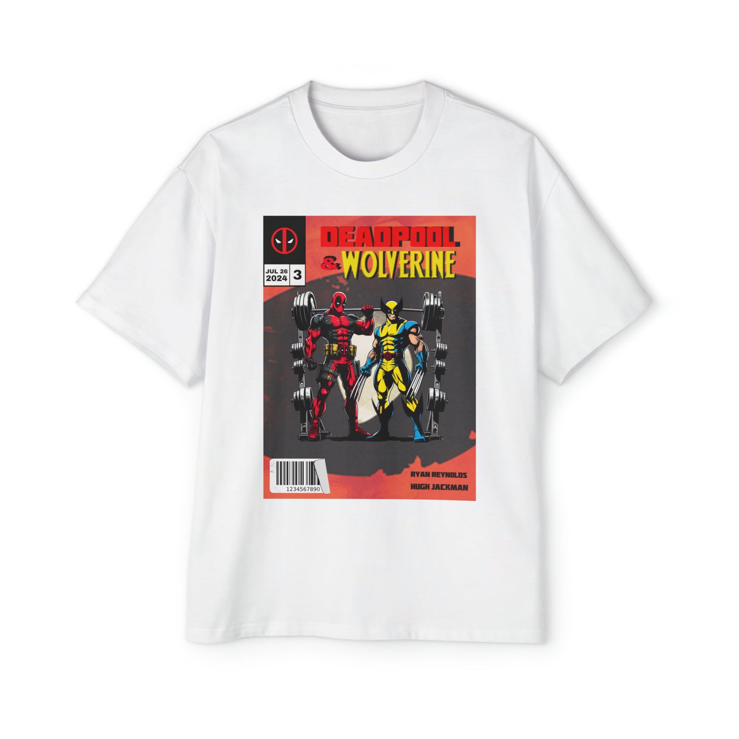 Deadpool and Wolverine weightlifting comic style T-shirt