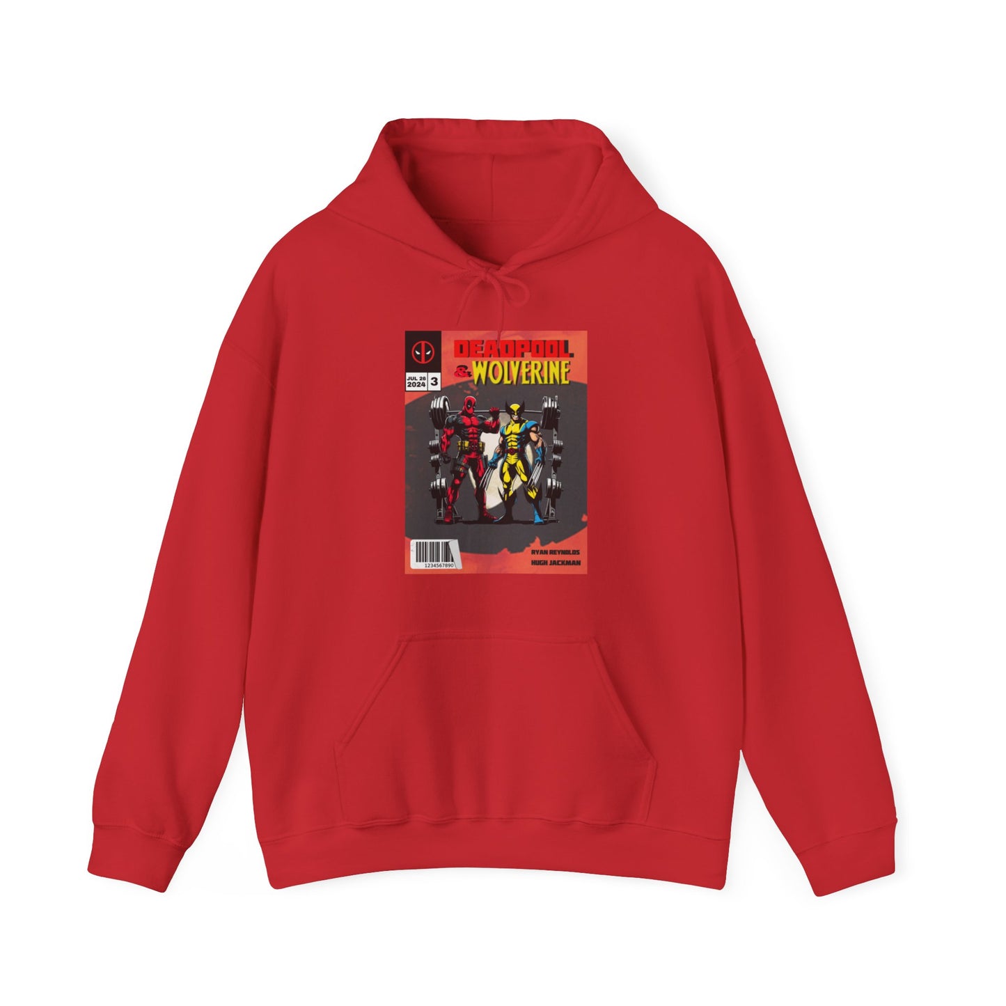 Deadpool and Wolverine weightlifting comic style hoodie