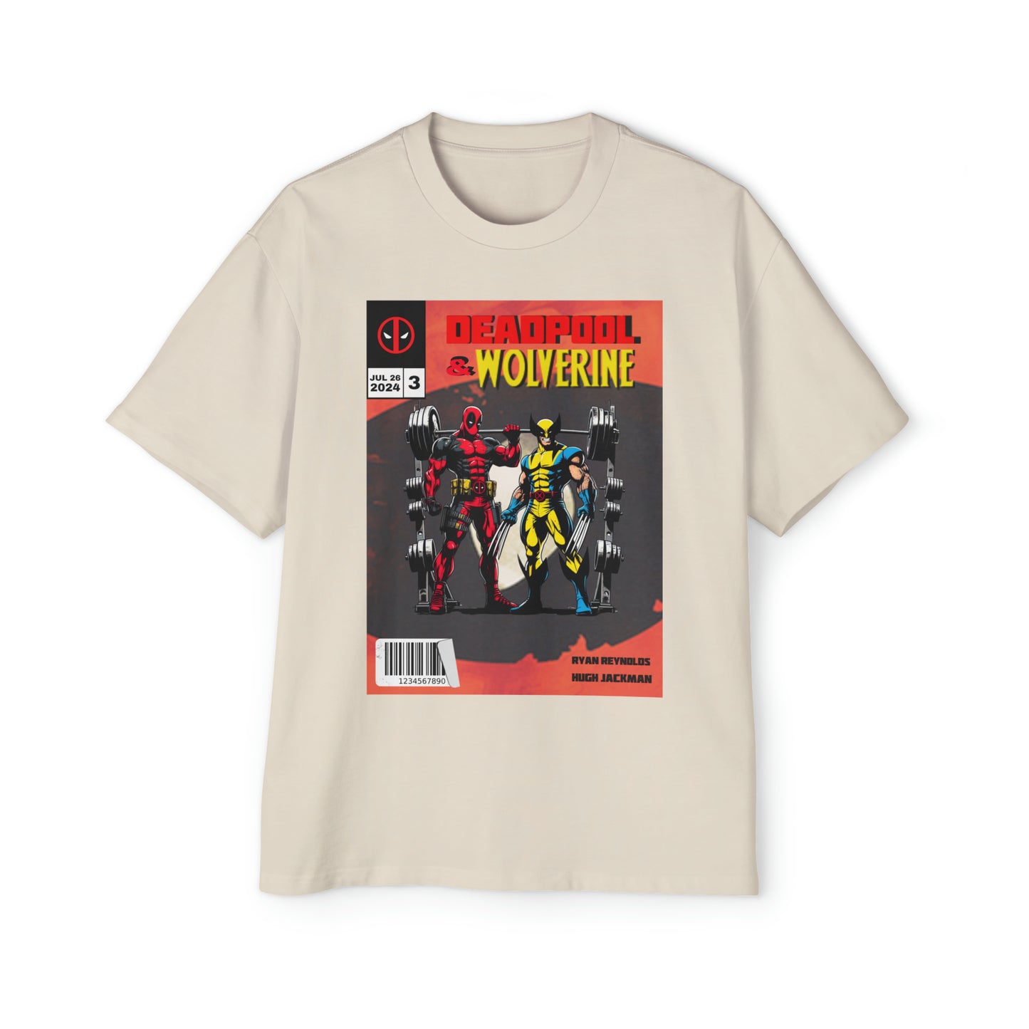 Deadpool and Wolverine weightlifting comic style T-shirt