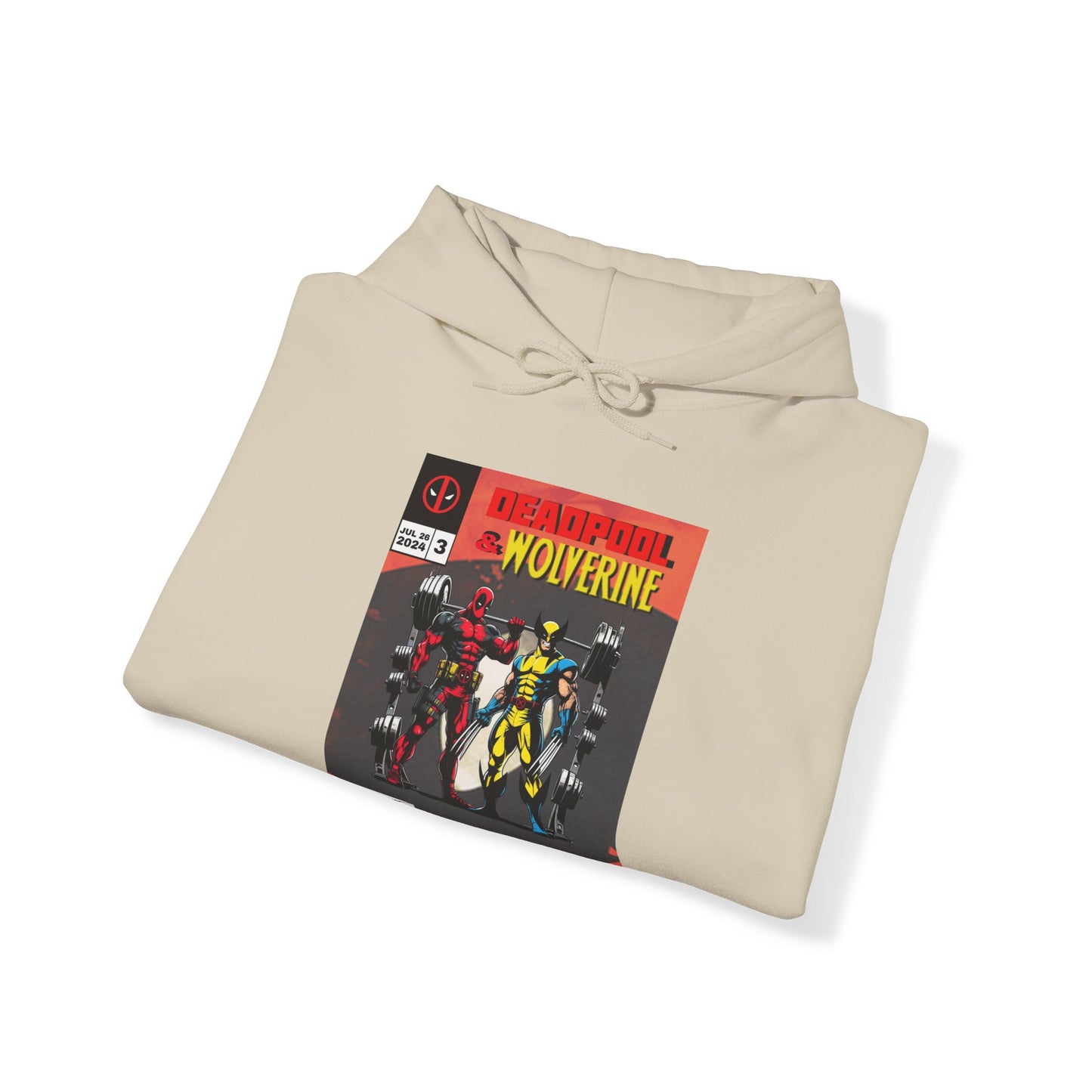 Deadpool and Wolverine weightlifting comic style hoodie