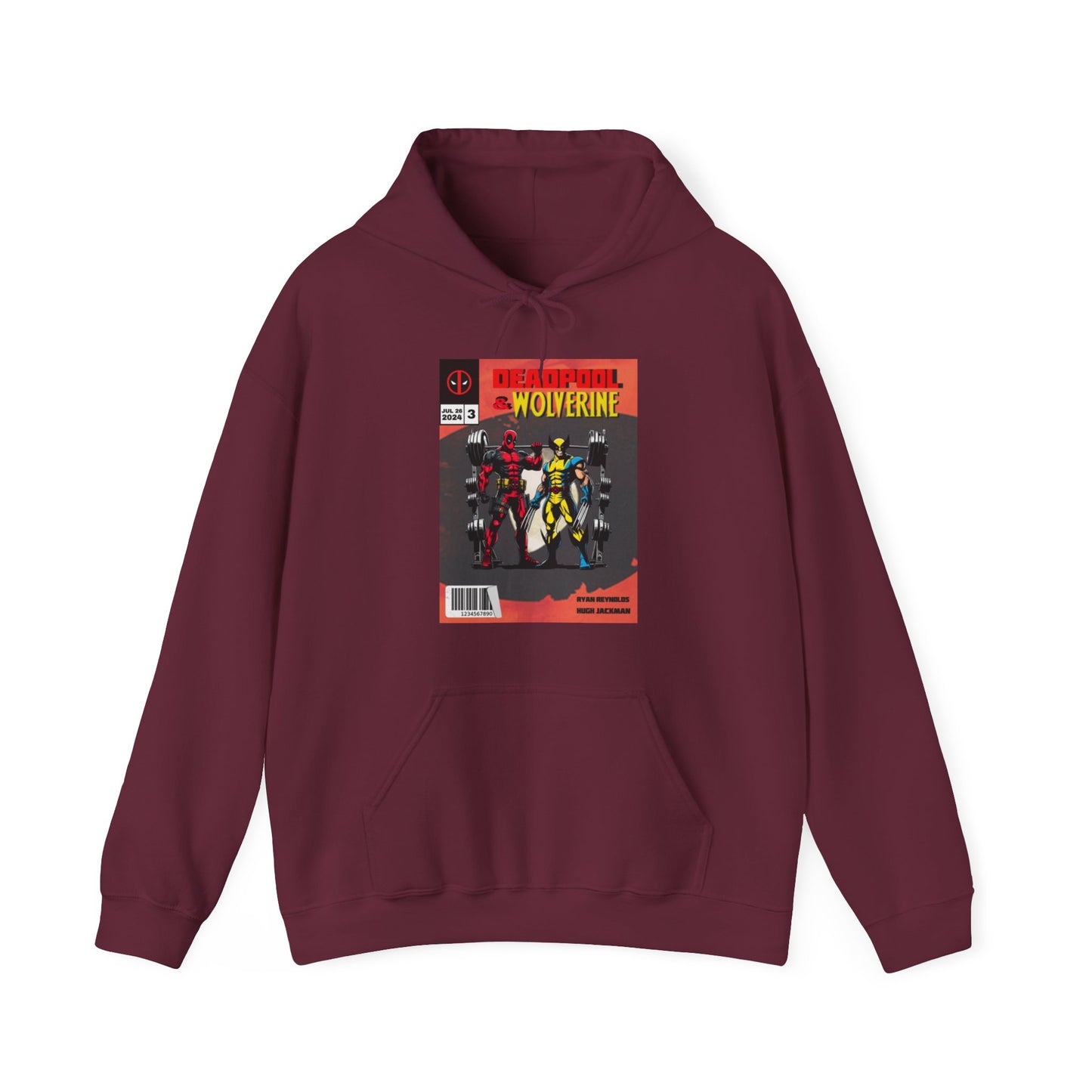 Deadpool and Wolverine weightlifting comic style hoodie