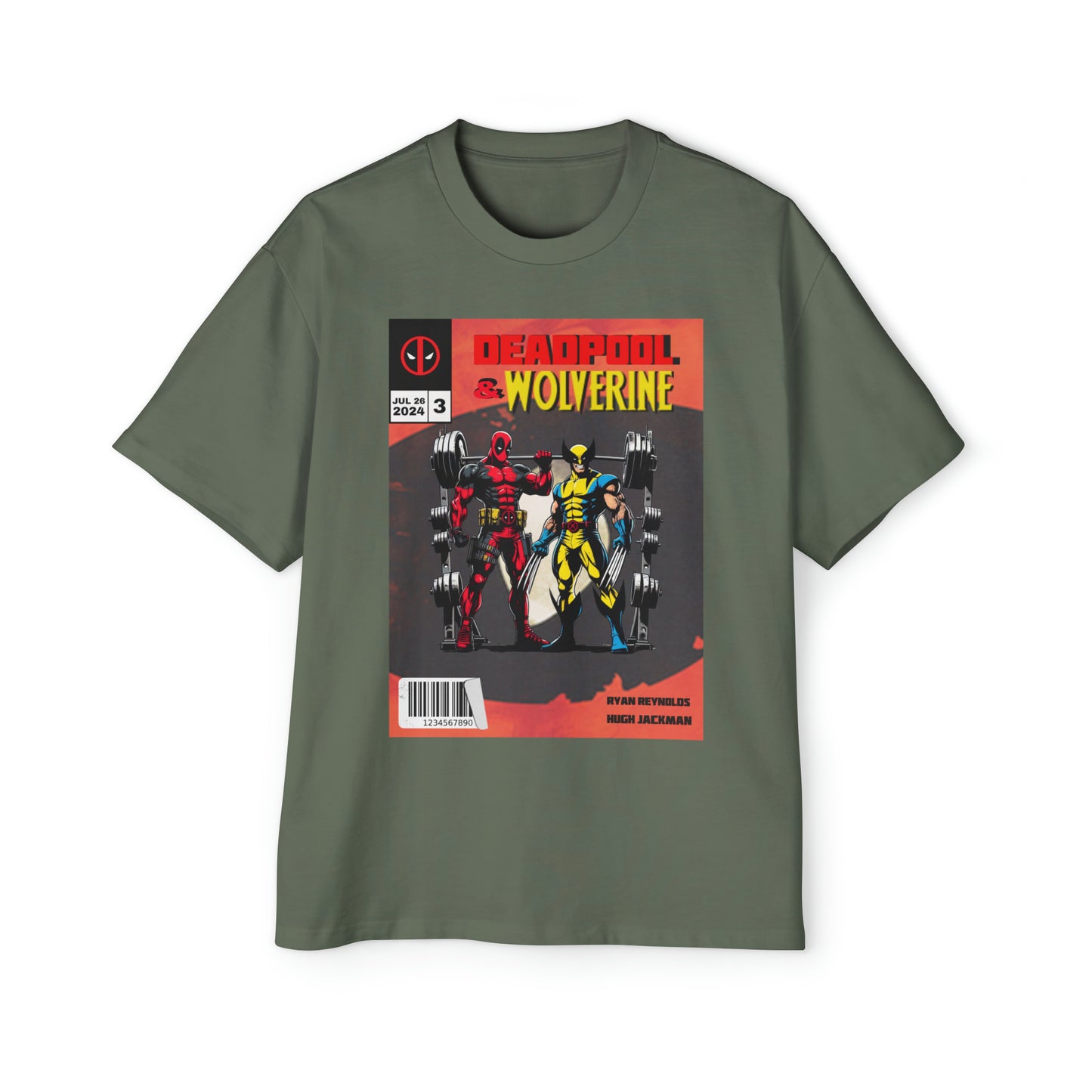 Deadpool and Wolverine weightlifting comic style T-shirt