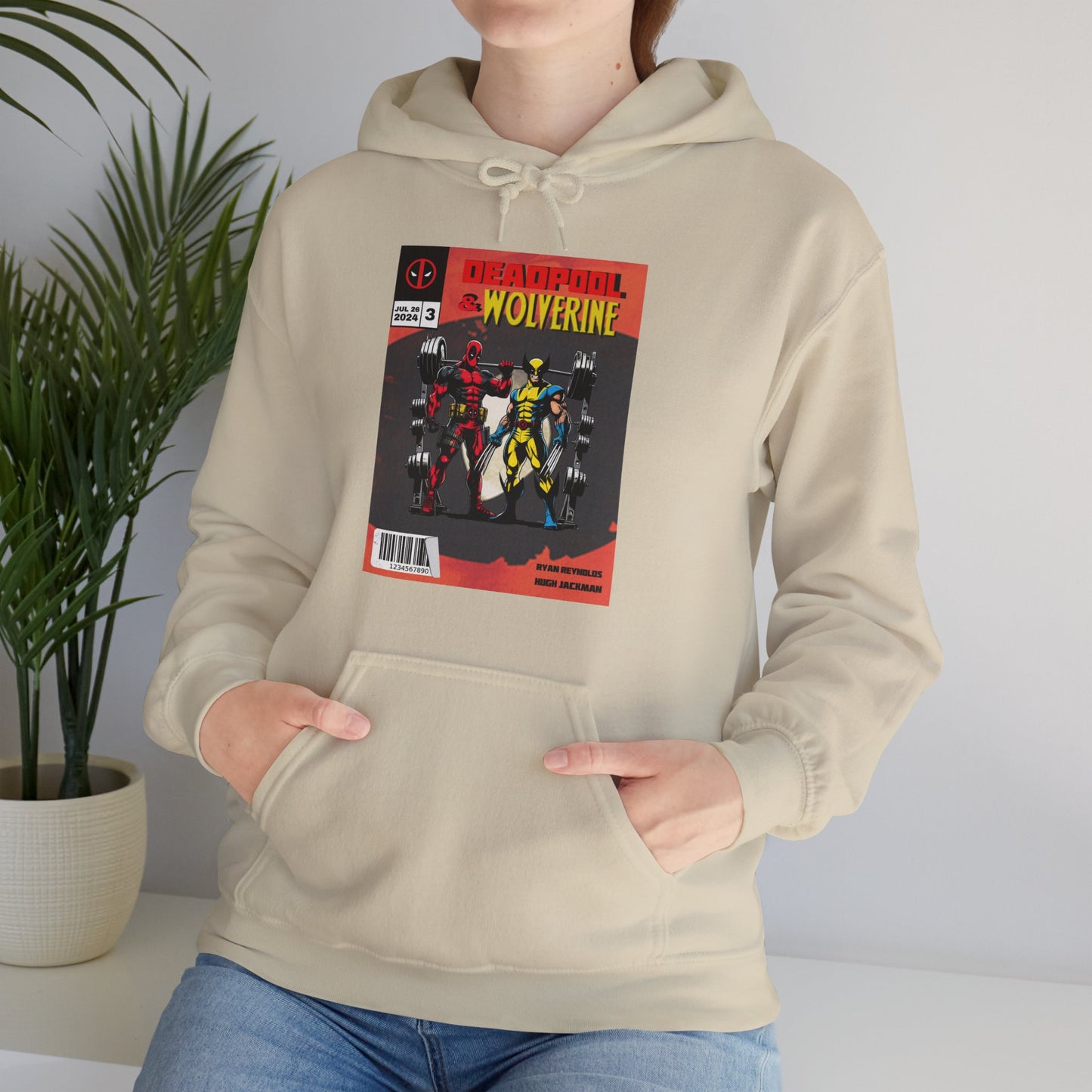 Deadpool and Wolverine weightlifting comic style hoodie